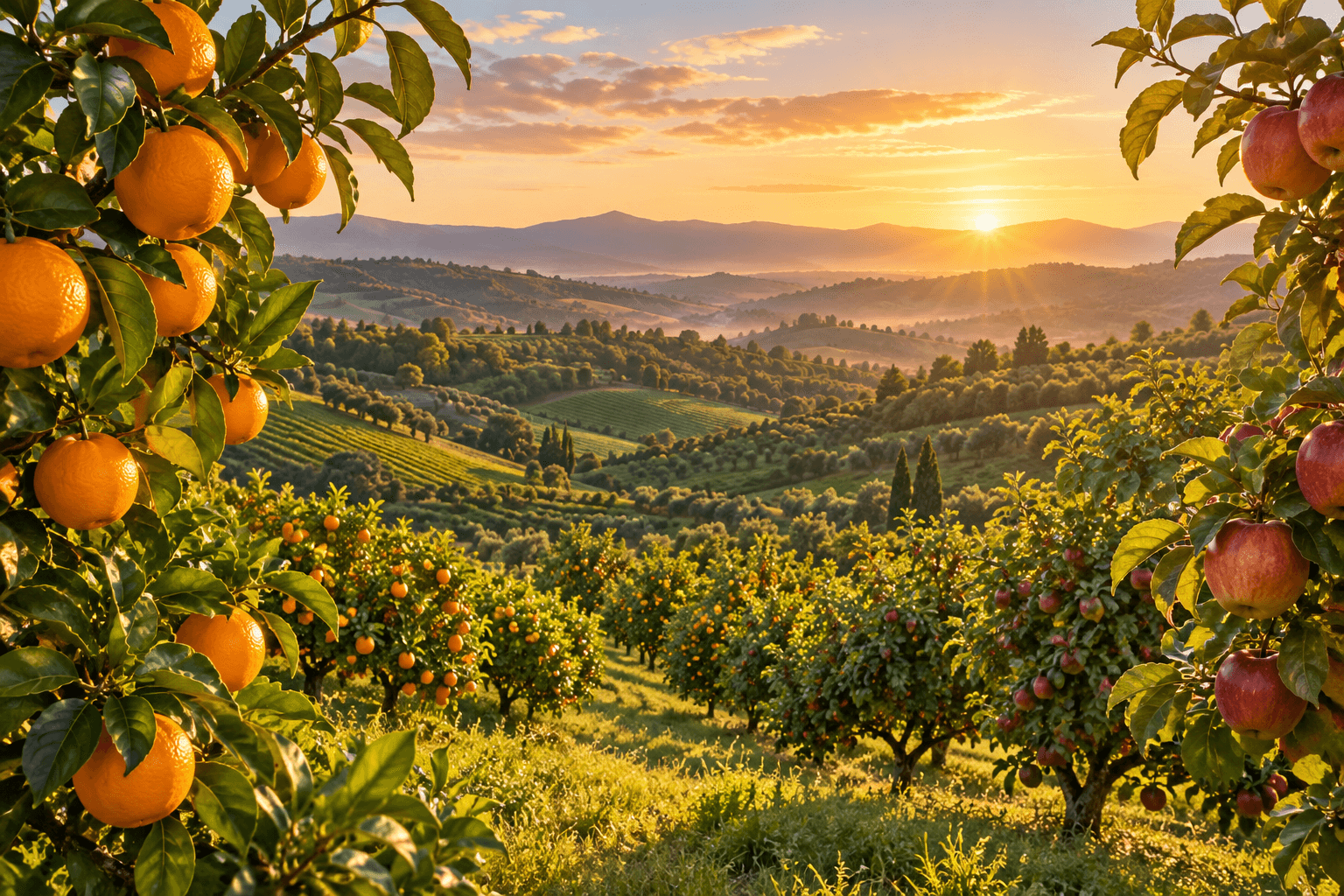 Sunlight falling across rows of fruit trees on the farm