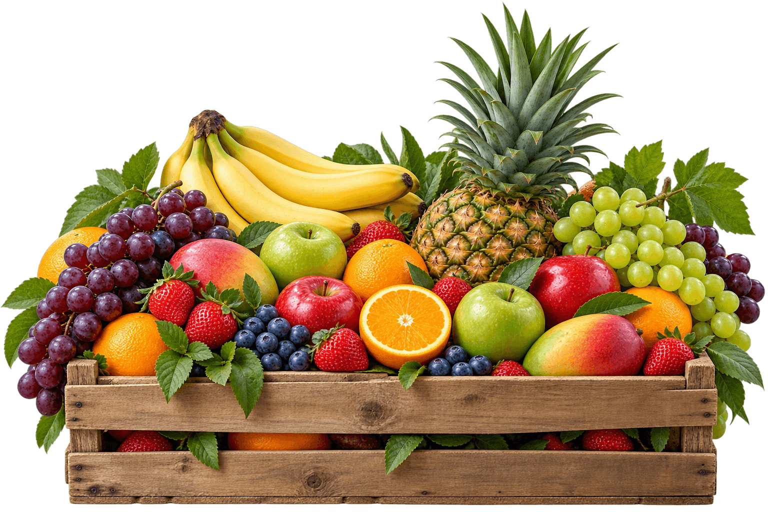 A harvest crate brimming with fresh fruit